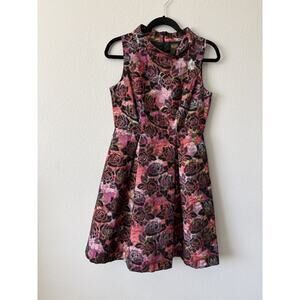 Taylor 8P Floral Jacquard Fit & Flare Knee Length Dress Black/Pink Mrs Maisel